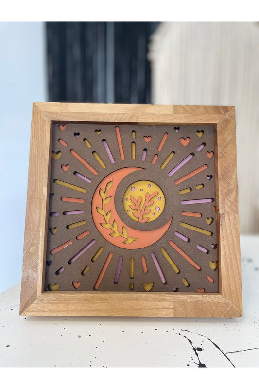 20x20cm 4 Katmanlı El Yapımı Ay ve Güneş Ahşap Tablo – Masif Çerçeve