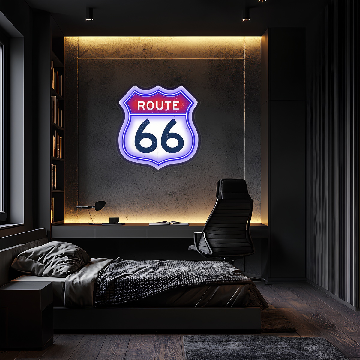 Route 66 Neon Duvar Dekoru | Retro Amerikan Karayolu Temalı LED Işıklı Tabela