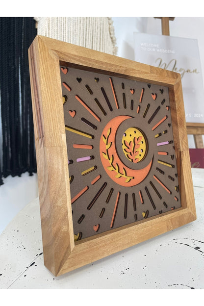 20x20cm 4 Katmanlı El Yapımı Ay ve Güneş Ahşap Tablo – Masif Çerçeve