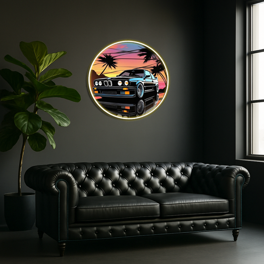 Retro BMW Tarzı Yuvarlak UV Baskı Neon Duvar Dekoru | Gün Batımı Temalı Pleksi Işıklı Tablo