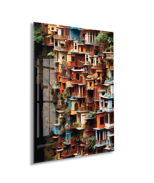 Modern Renkli Şehir Cepheleri Cam Tablo – Mimari ve Kentsel Sanat Temalı UV Baskılı Temperli Cam