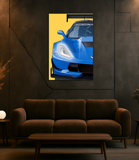 Mavi Corvette Tarzı Yarış Araba UV Baskı Neon Duvar Dekoru | Pleksi Işıklı Spor Araba Tablo
