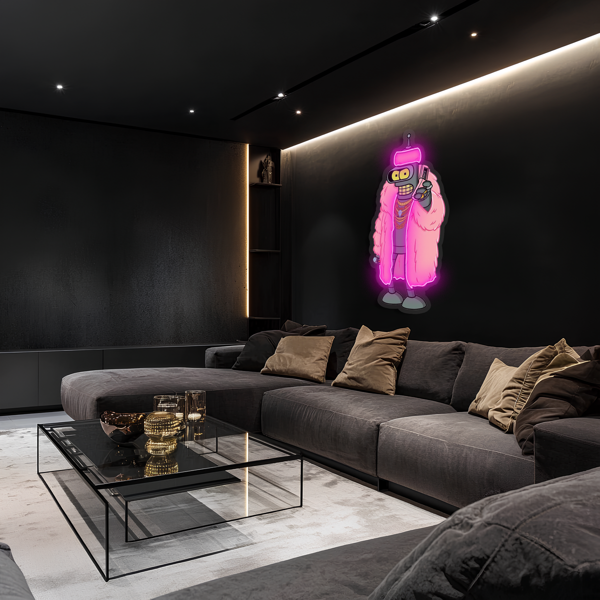 Pembe Ceketli Robot Neon Tablo | Oyun Odası LED Dekor