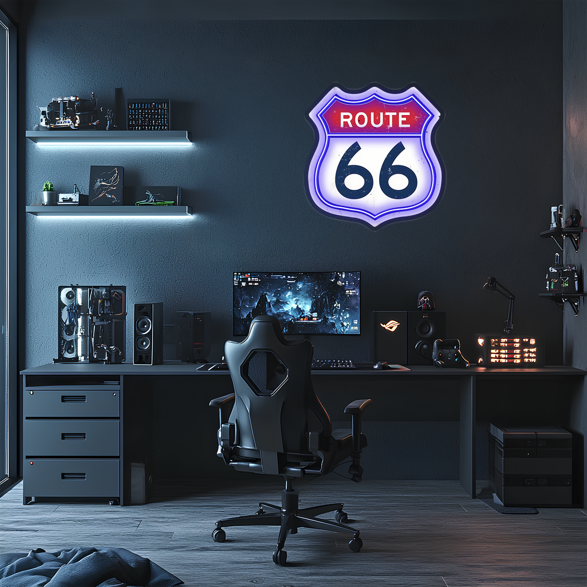Route 66 Neon Duvar Dekoru | Retro Amerikan Karayolu Temalı LED Işıklı Tabela