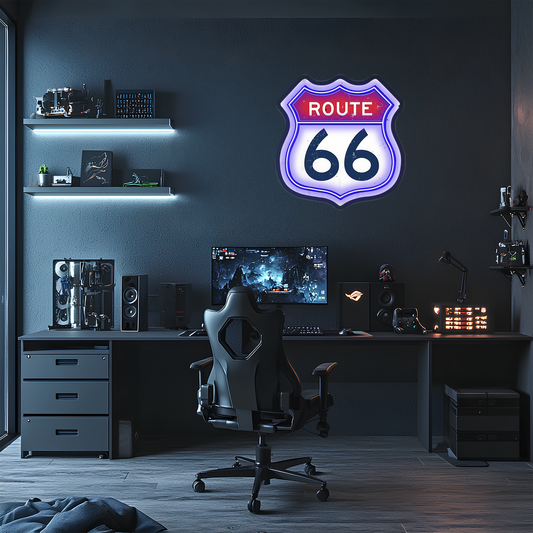 Route 66 Neon Duvar Dekoru | Retro Amerikan Karayolu Temalı LED Işıklı Tabela