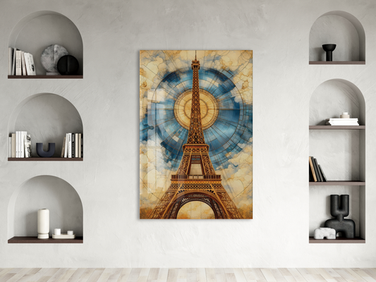 Modern Eiffel Kulesi Cam Tablo – Paris Temalı Sanatsal UV Baskılı Temperli Cam Duvar Dekoru