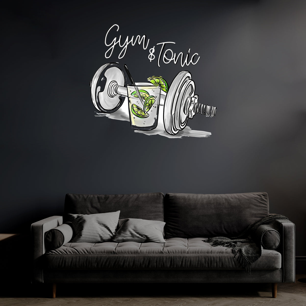 Gym & Tonic Neon Duvar Dekoru | Spor ve Kokteyl Temalı LED Işıklı Tablo | UV Baskı Pleksi Neon