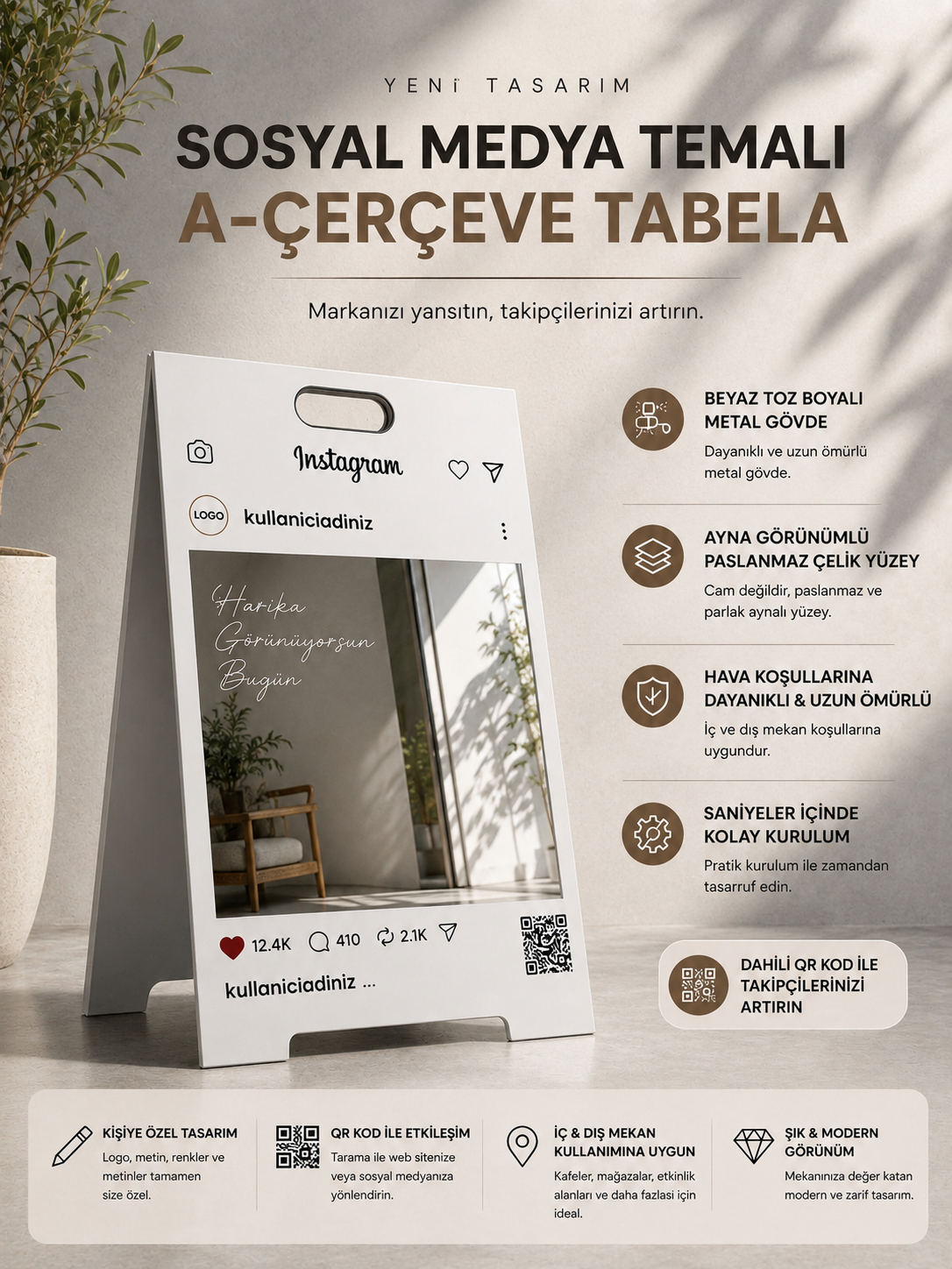 Instagram A Tabela - QR Kodlu Kişiye Özel İşletme Karşılama Tabelası