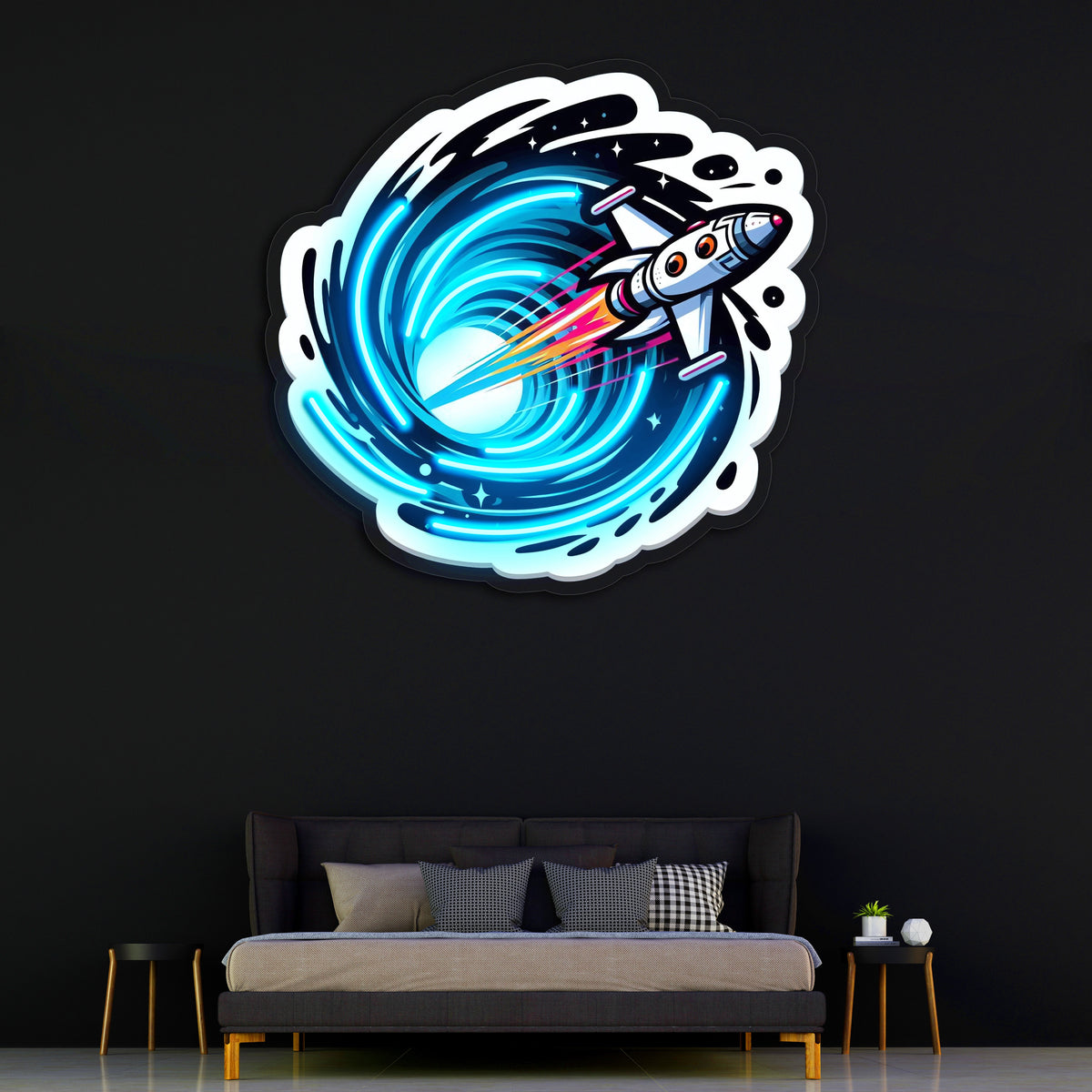 Roket Temalı Neon Duvar Dekoru | Uzay ve Astronot Konseptli LED Tablo