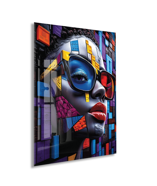 Geometrik Portre Soyut Cam Tablo – Modern Pop Art Stilinde UV Baskılı Temperli Cam Duvar Tablosu