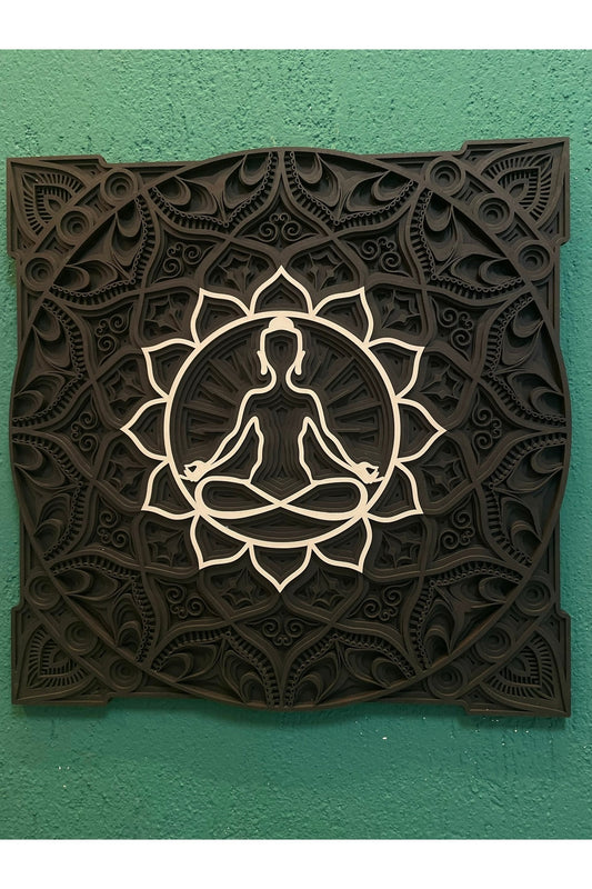 Lotus Mandala Duvar Dekoru - El Yapımı 6 Katmanlı Meditasyon Temalı Ahşap Tablo