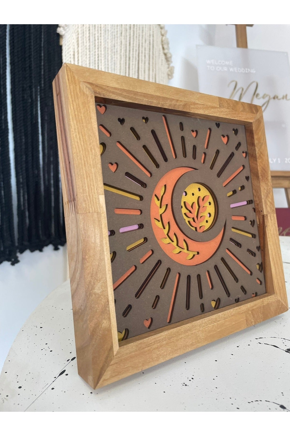 20x20cm 4 Katmanlı El Yapımı Ay ve Güneş Ahşap Tablo – Masif Çerçeve