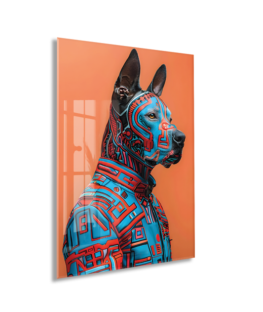 Modern Geometrik Köpek Portresi Cam Tablo – Renkli Pop Art Temalı UV Baskılı Temperli Cam Duvar