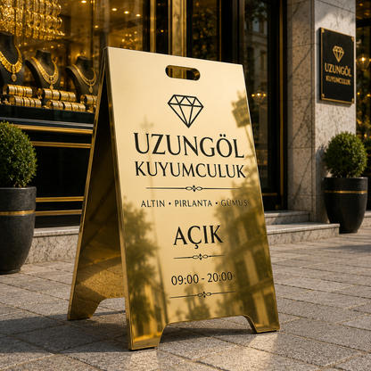 Aynalı Gold Paslanmaz A Tabela | Lüks Metal Kaldırım Tabelası | Dış Mekan Reklam Standı