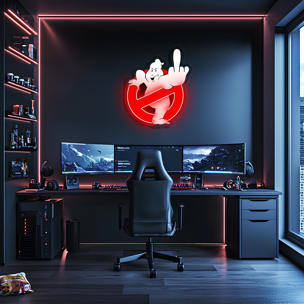 Retro Hayalet Figürlü Neon Duvar Dekoru | Mizahi Tasarım Işıklı Pleksi Tablo