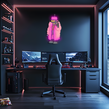 Pembe Ceketli Robot Neon Tablo | Oyun Odası LED Dekor