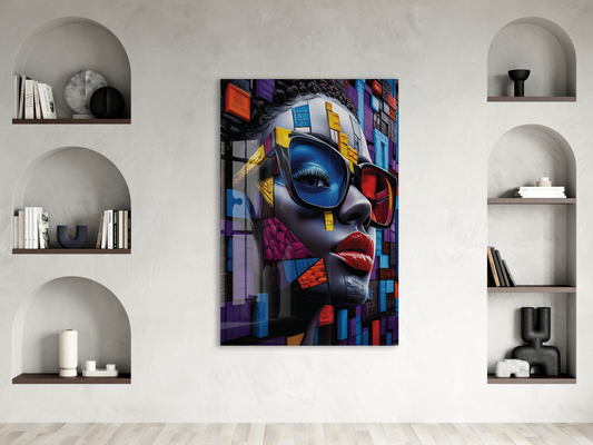 Geometrik Portre Soyut Cam Tablo – Modern Pop Art Stilinde UV Baskılı Temperli Cam Duvar Tablosu