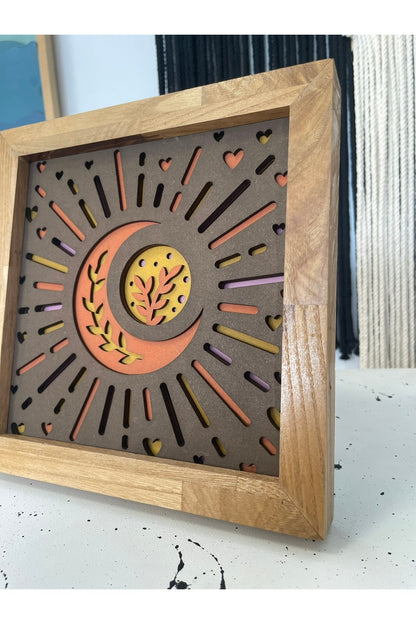 20x20cm 4 Katmanlı El Yapımı Ay ve Güneş Ahşap Tablo – Masif Çerçeve