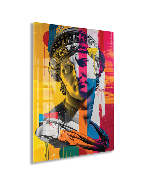 Modern Pop Art Heykel Portre Cam Tablo – Renkli Sanat Temalı UV Baskılı Temperli Cam Duvar Tablosu