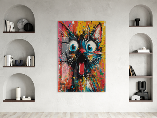 Şaşkın Kedi – Renkli Pop Art Duvar Cam Sanatı- Peony050