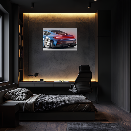 Mavi GT Tarzı Spor Araba UV Baskı Neon Duvar Dekoru | Pleksi Işıklı Tablo | Modern Ev ve Ofis Dekoru