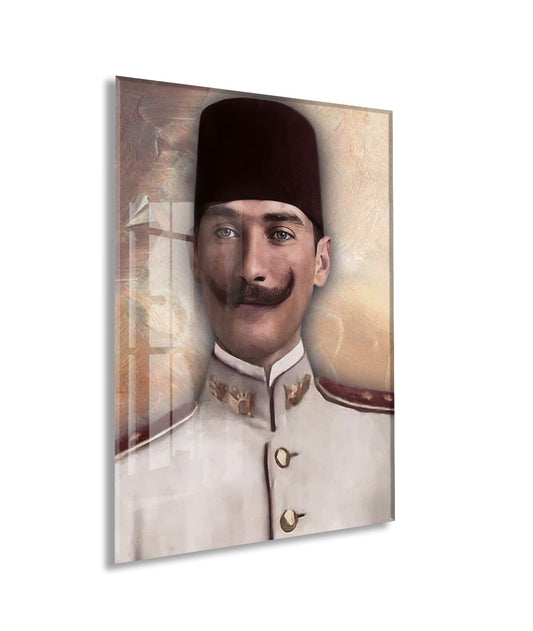 Atatürk Cam Tablo – Fesli Portre Tasarımı, 4 mm Temperli Cam Üzerine Modern ve Klasik Duvar Dekoru