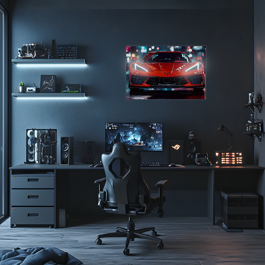 Kırmızı Corvette Tarzı UV Baskı Neon Duvar Dekoru | Pleksi Işıklı Spor Araba Tablo