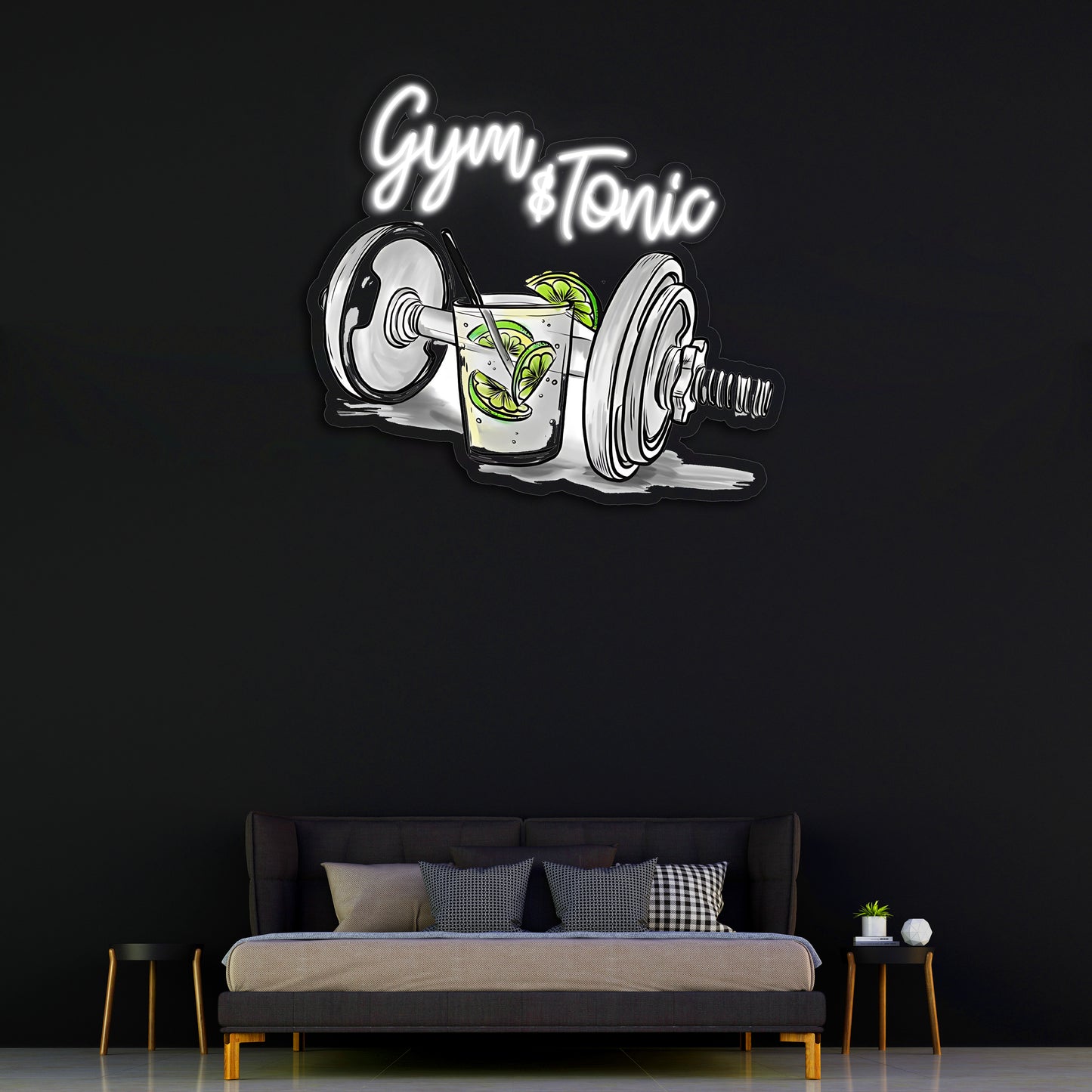 Gym & Tonic Neon Duvar Dekoru | Spor ve Kokteyl Temalı LED Işıklı Tablo | UV Baskı Pleksi Neon | Mizahi Bar ve Ev Dekoru