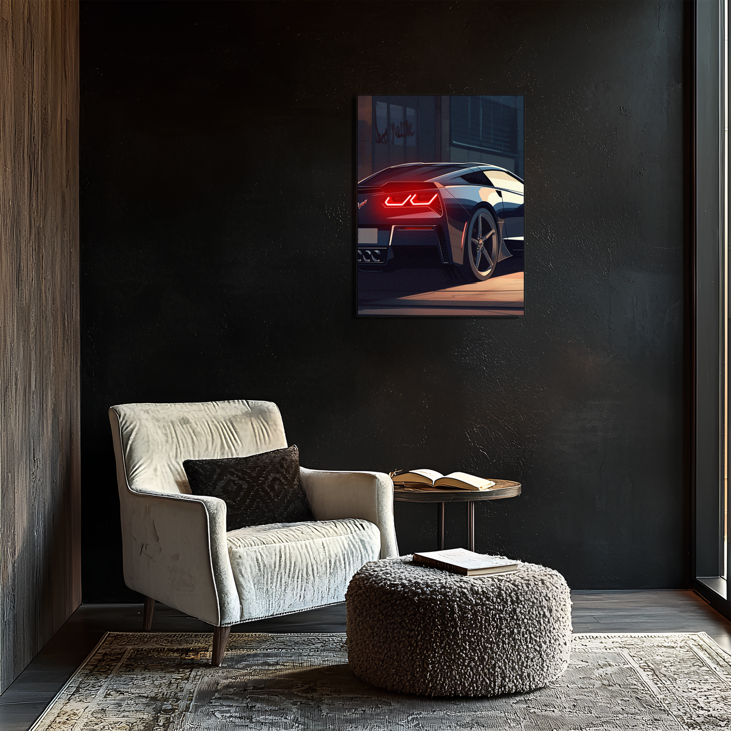 Siyah Corvette Tarzı UV Baskı Neon Duvar Dekoru | Pleksi Işıklı Süper Araba Tablo | Modern Ev ve Ofis Dekoru