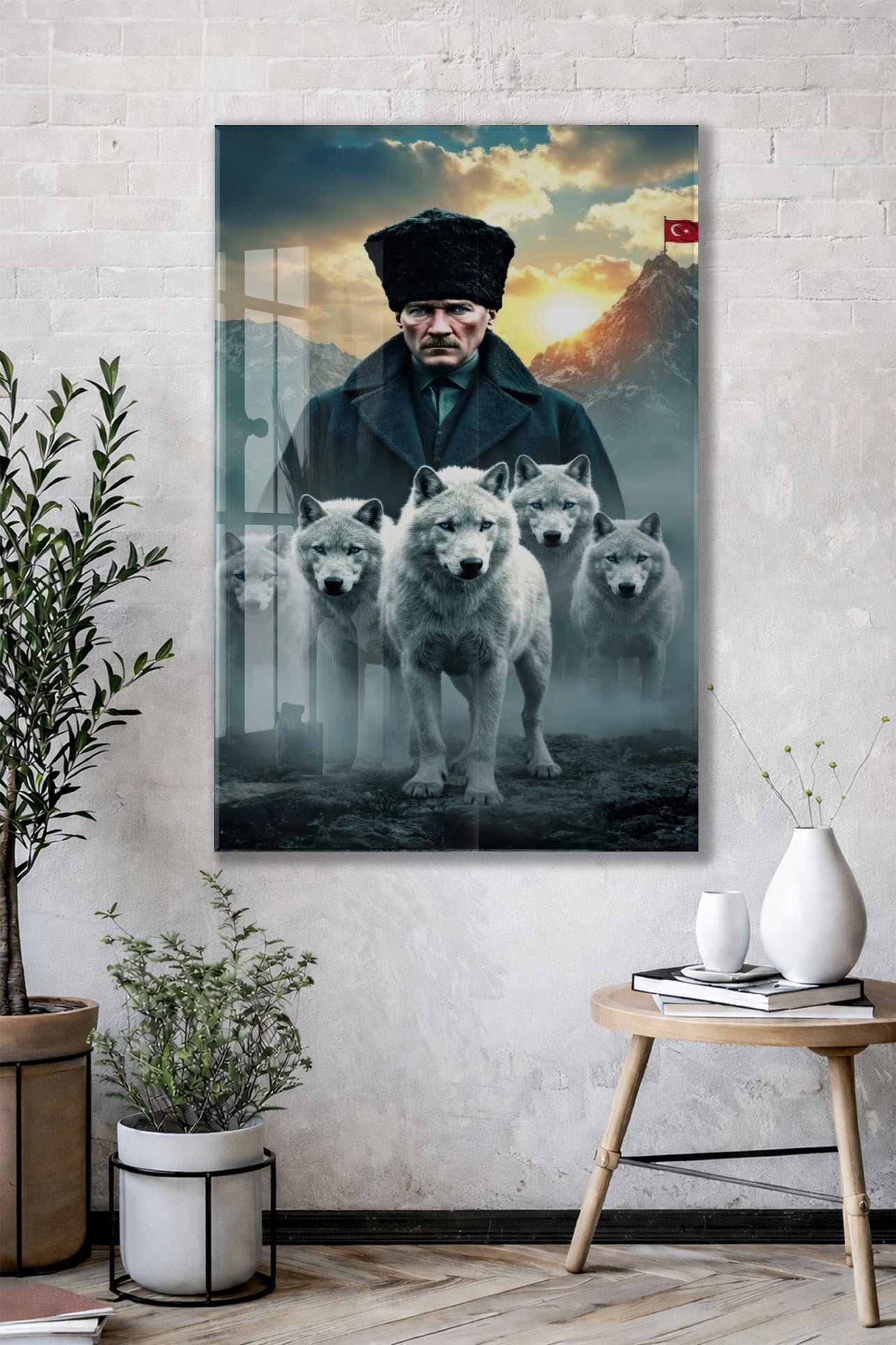 Atatürk ve Kurtlar Cam Baskı Tablo | Güç ve Liderlik Temalı Modern Sanatsal Duvar Dekoru, 4mm Temperli Cam, Yüksek Çözünürlüklü UV Baskı PeonyAta043