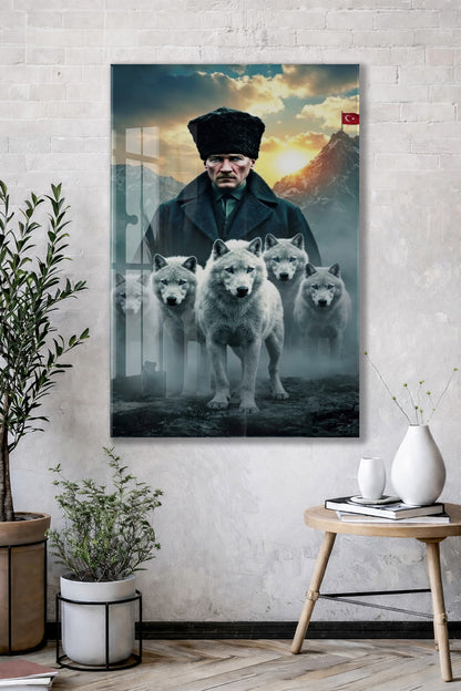Atatürk ve Kurtlar Cam Baskı Tablo | Güç ve Liderlik Temalı Modern Sanatsal Duvar Dekoru, 4mm Temperli Cam, Yüksek Çözünürlüklü UV Baskı PeonyAta043