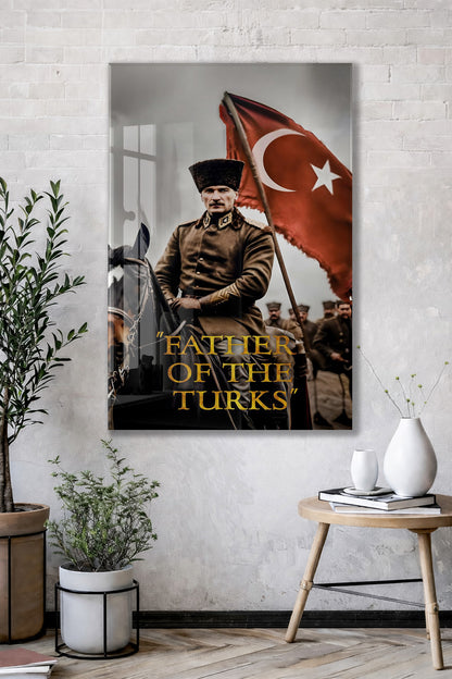 Father Of The Turks , Atatürk At Üzerinde Cam Tablo – Türk Bayraklı Başkomutan Portresi 4 mm Temperli Cam -PeonyAta061