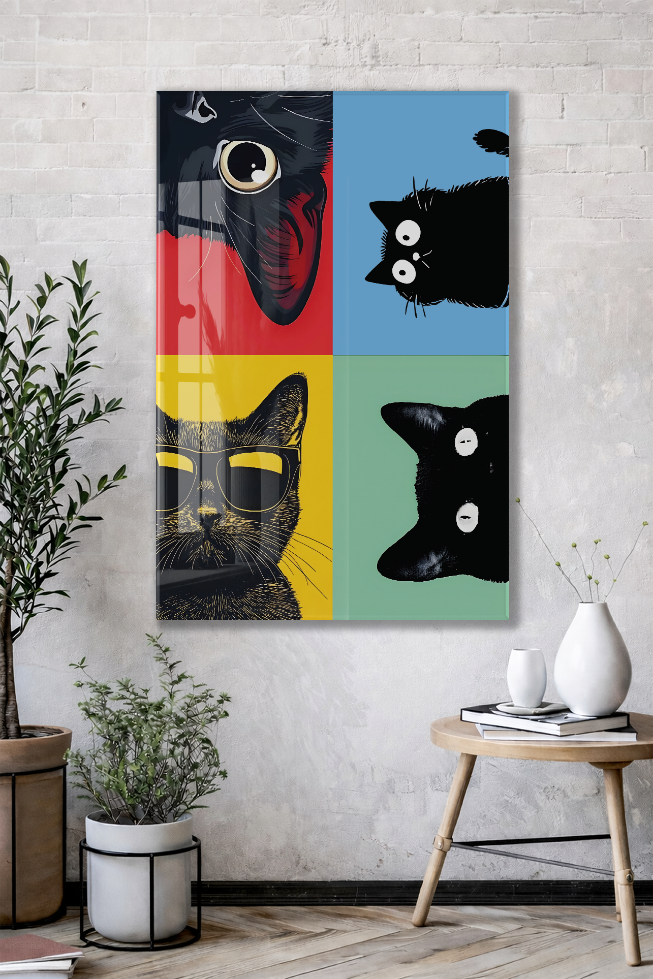 Pop Art Cats – Dört Ruh, Tek Stil Pop Art Duvar  Cam Sanatı- Peony052