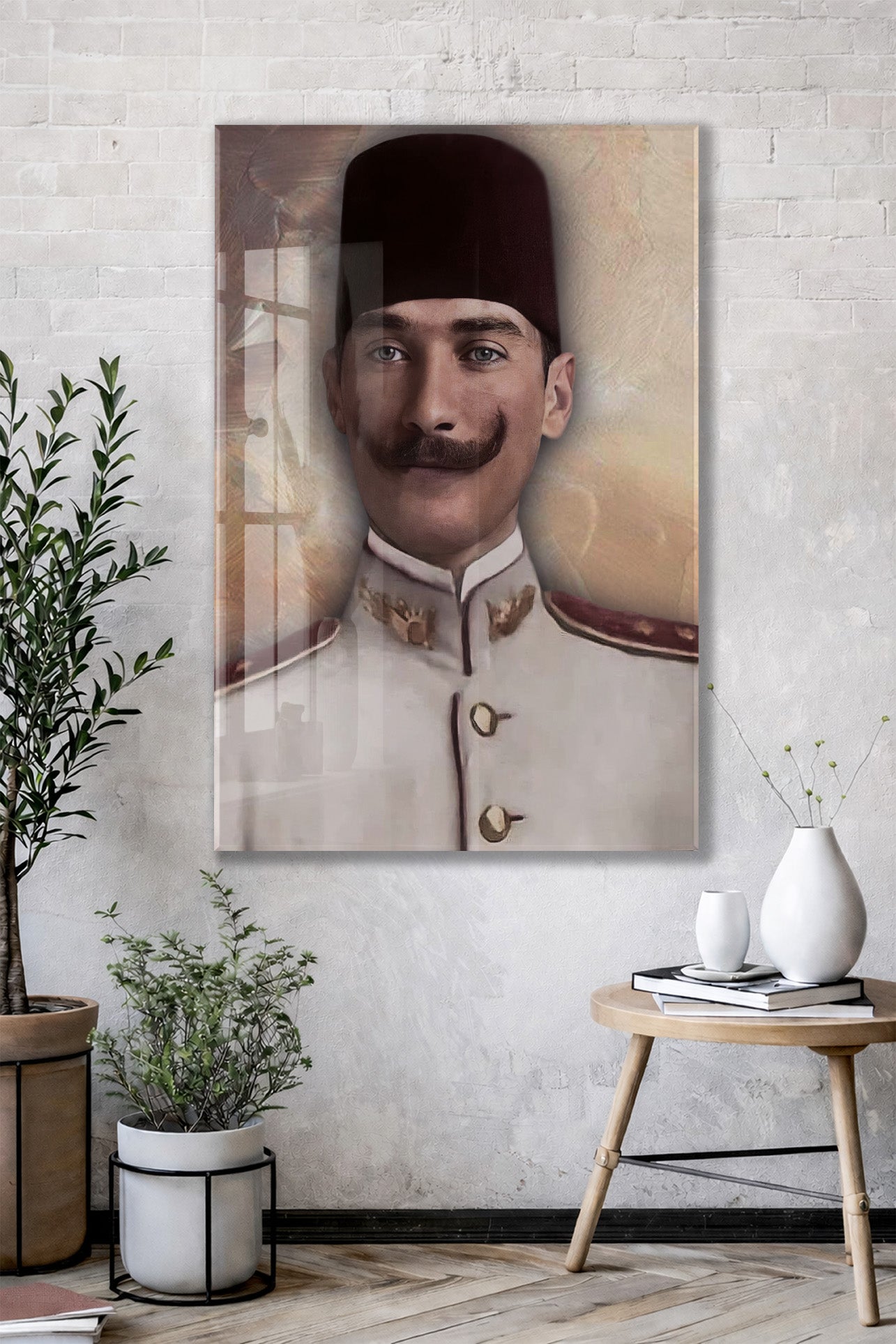 Atatürk Cam Tablo – Fesli Portre Tasarımı, 4 mm Temperli Cam Üzerine Modern ve Klasik Duvar Dekoru -PeonyAta1020