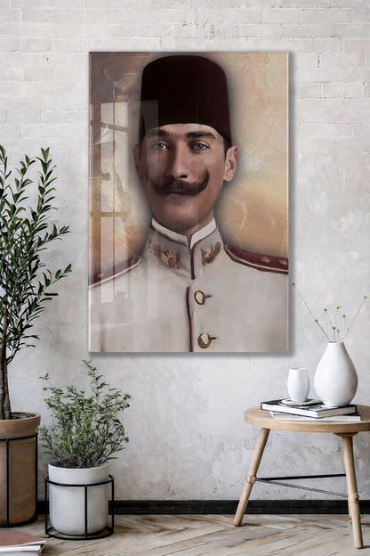 Atatürk Cam Tablo – Fesli Portre Tasarımı, 4 mm Temperli Cam Üzerine Modern ve Klasik Duvar Dekoru -PeonyAta1020