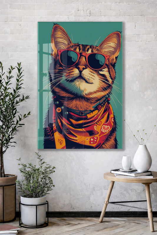Gözlüklü Hipster Kedi Cam Duvar Tablosu – Modern ve Cool Tasarım - Peony129