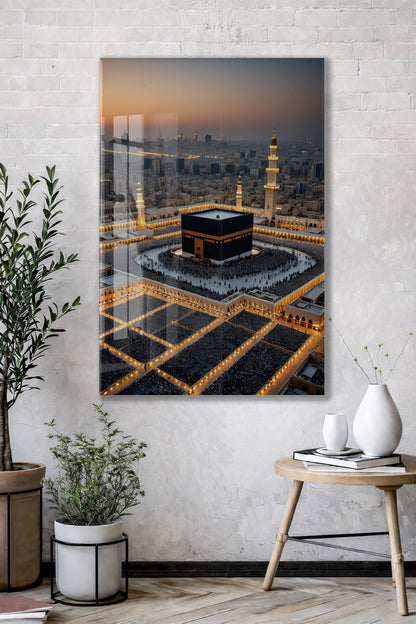 Kâbe ve Mescid-i Haram’da Akşam Vakti – Tavaf Anı Cam Tablo  - PeonyDini129