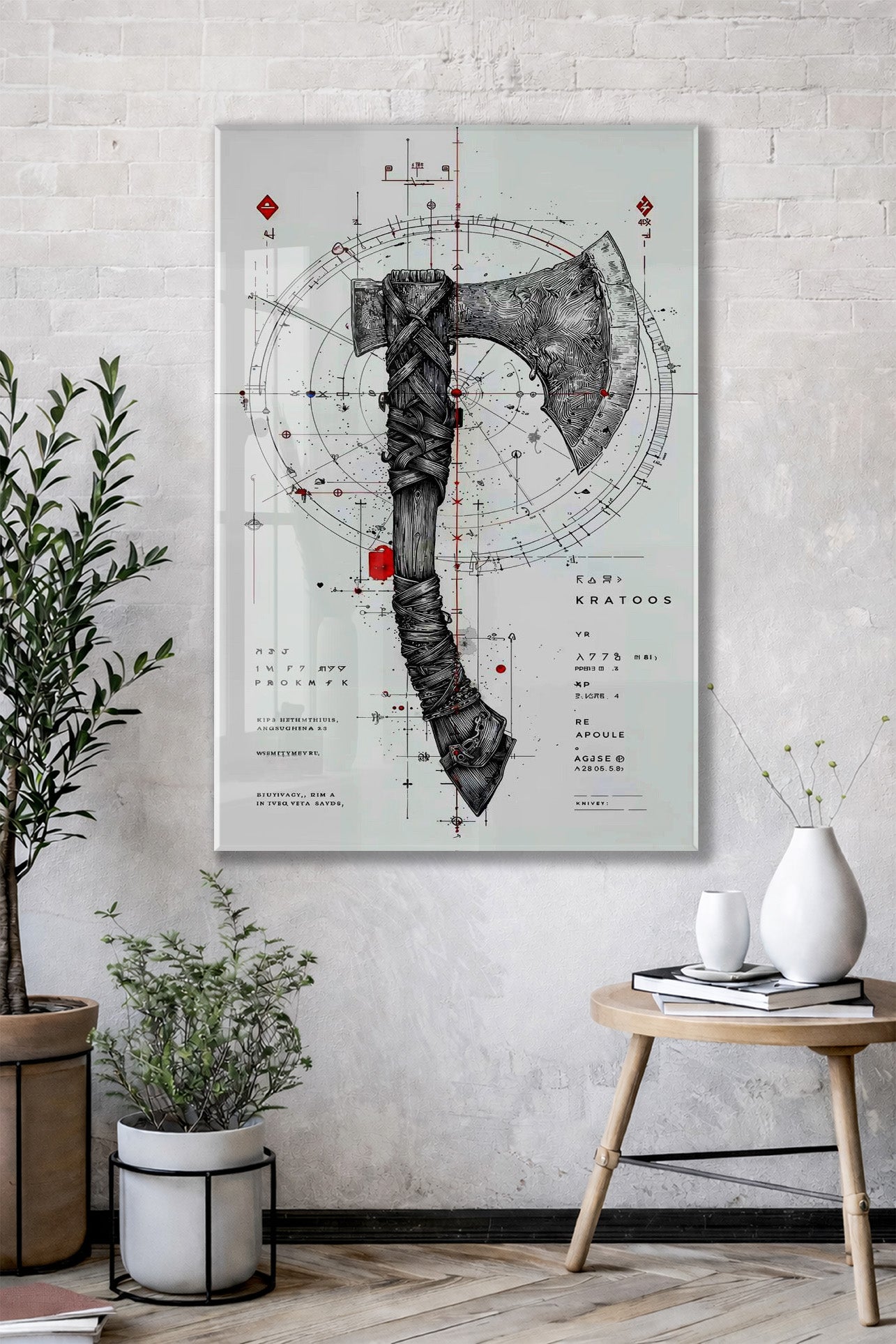 “Keskin Denge” – Geometrik ve Savaş Baltası Temalı Sanatsal Cam Tablo - Peony061