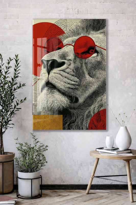 Lider Ruhlu Aslan Cam Tablo – Kırmızı Detaylı Modern Pop Art Duvar Dekoru - Peony080