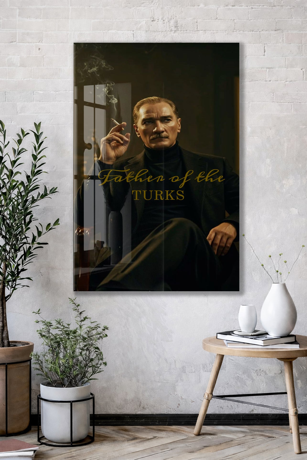 Father of the Turks Atatürk Cam Tablo | Gold Yazı Detaylı Modern Portre, Premium UV Baskı Temperli Cam Atatürk Duvar Dekoru PeonyAta051