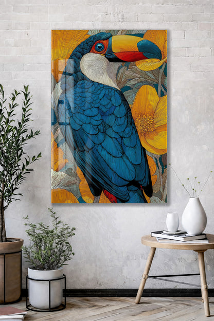Renkli Tukan Kuşu Cam Duvar Tablosu – Tropikal Çiçekli Modern Tasarım- Peony117