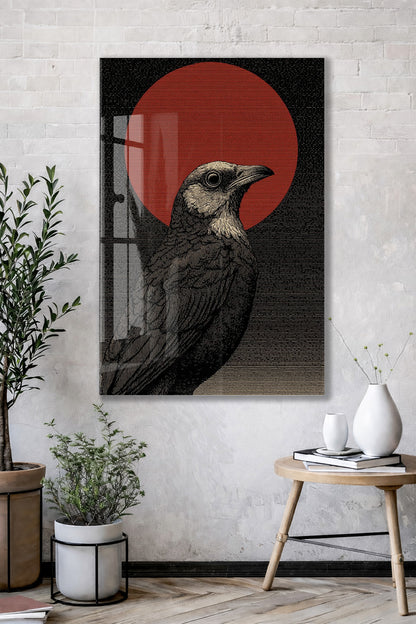 Japon Esintili Kuzgun Cam Tablo – Siyah Zeminli Kırmızı Güneş Temalı Duvar Sanatı - Peony084