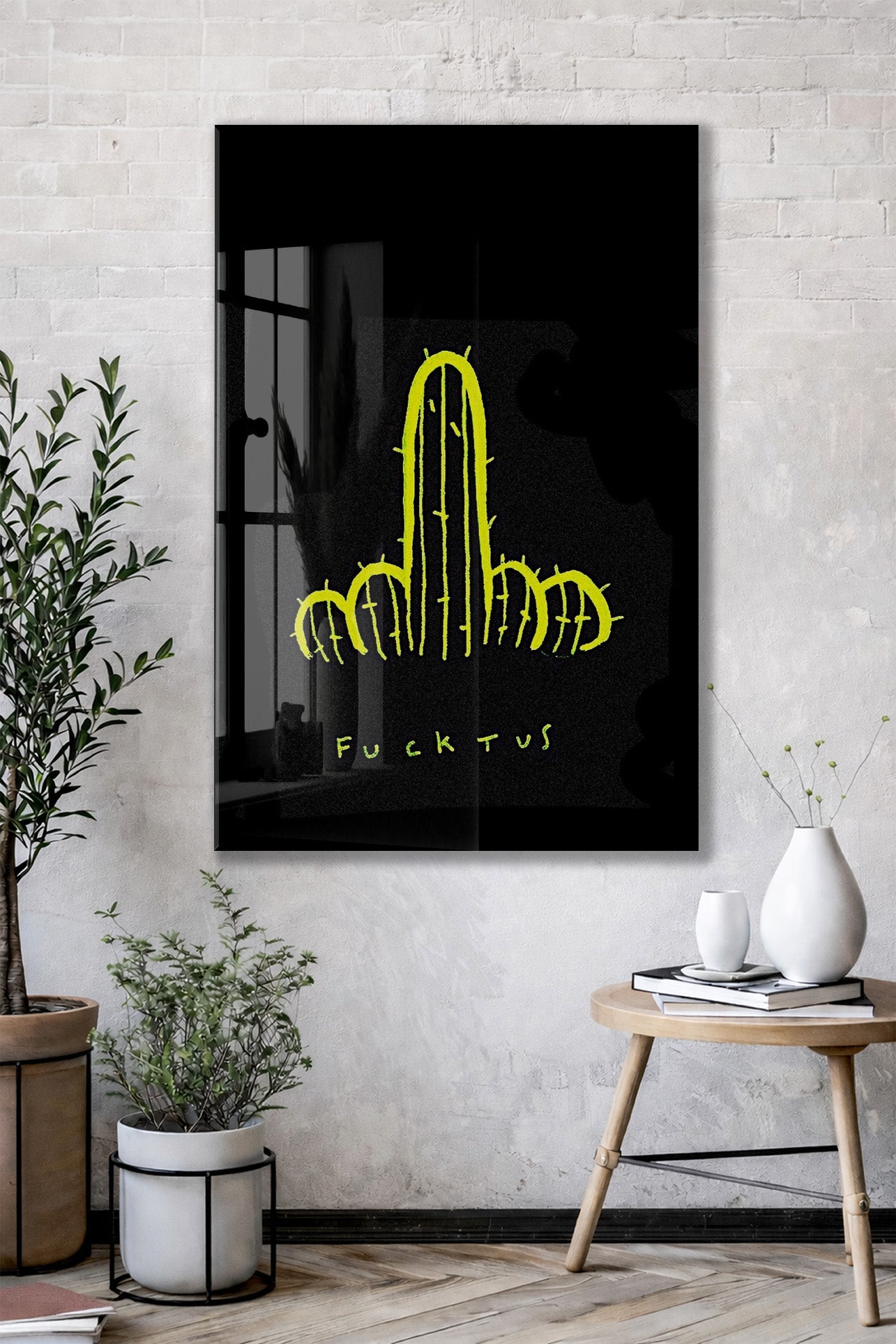 Underground Neon Kaktüs Cam Tablo – Genç Odası ve Bar Dekoru - Peony097