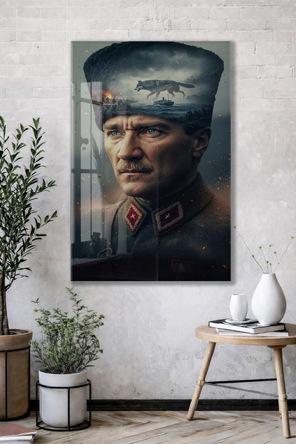 Atatürk Askeri Portre Cam Tablo – Kurtuluş Savaşı ve Liderlik Temalı 4 mm Temperli Cam -PeonyAta055