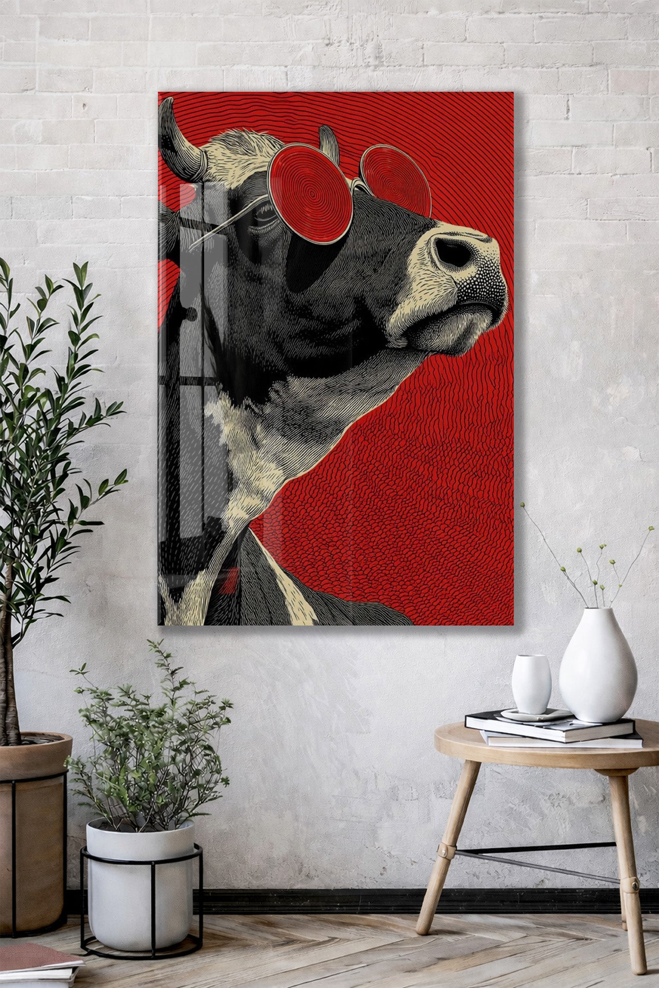 Pop Art Tarzı Boğa Cam Tablo – Kırmızı Arka Planlı Karizmatik Duvar Dekoru - Peony077