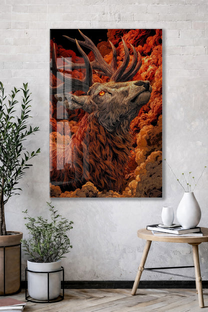 Asaletin Sembolü Geyik Cam Tablo – Ateş Tonlu Lüks Duvar Dekoru- Peony082