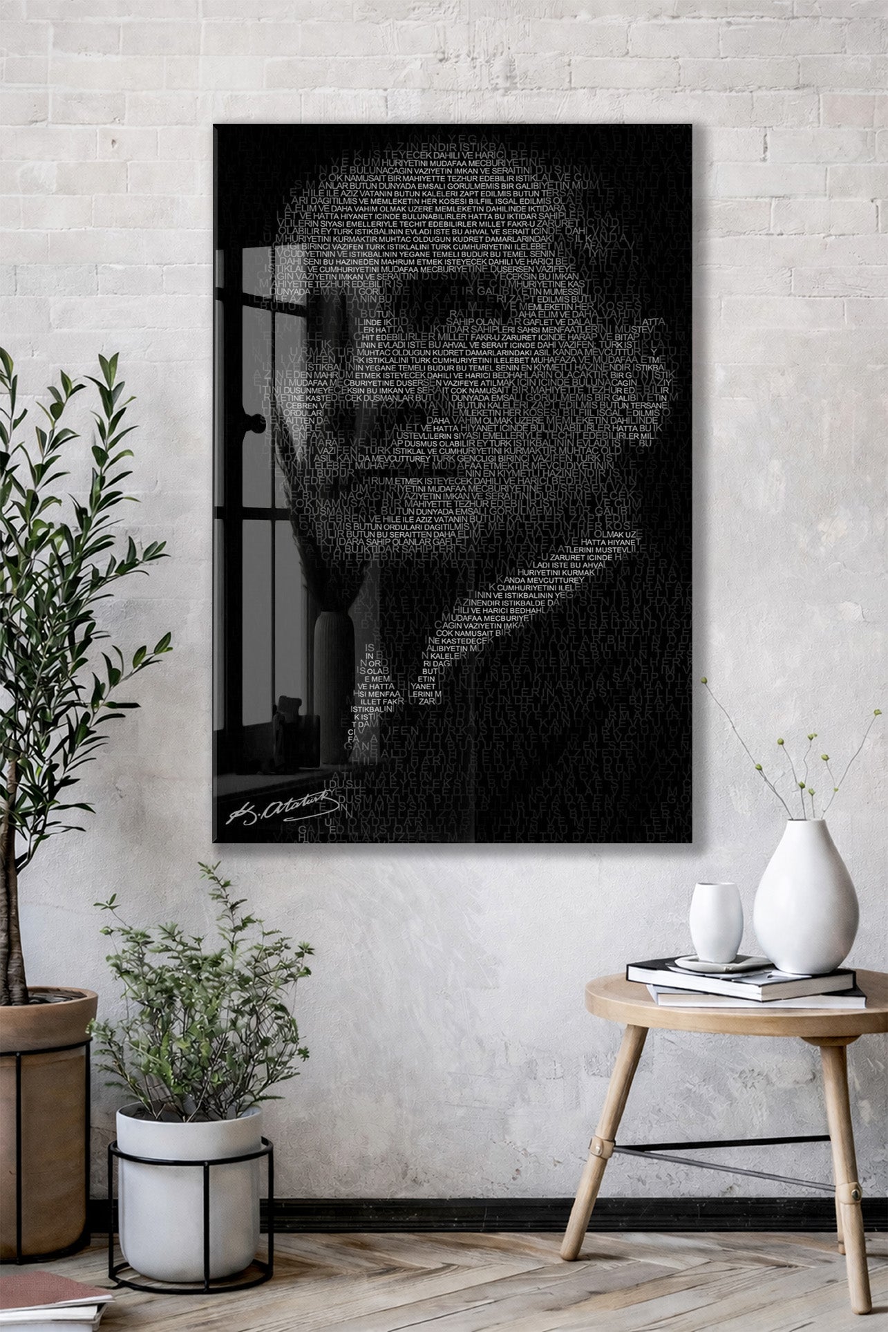 Atatürk Silüet Cam Baskı Tablo | Nutuk Metinli Siyah Beyaz Modern Duvar Dekoru, 4mm Temperli Cam, Yüksek Çözünürlüklü UV Baskı PeonyAta045