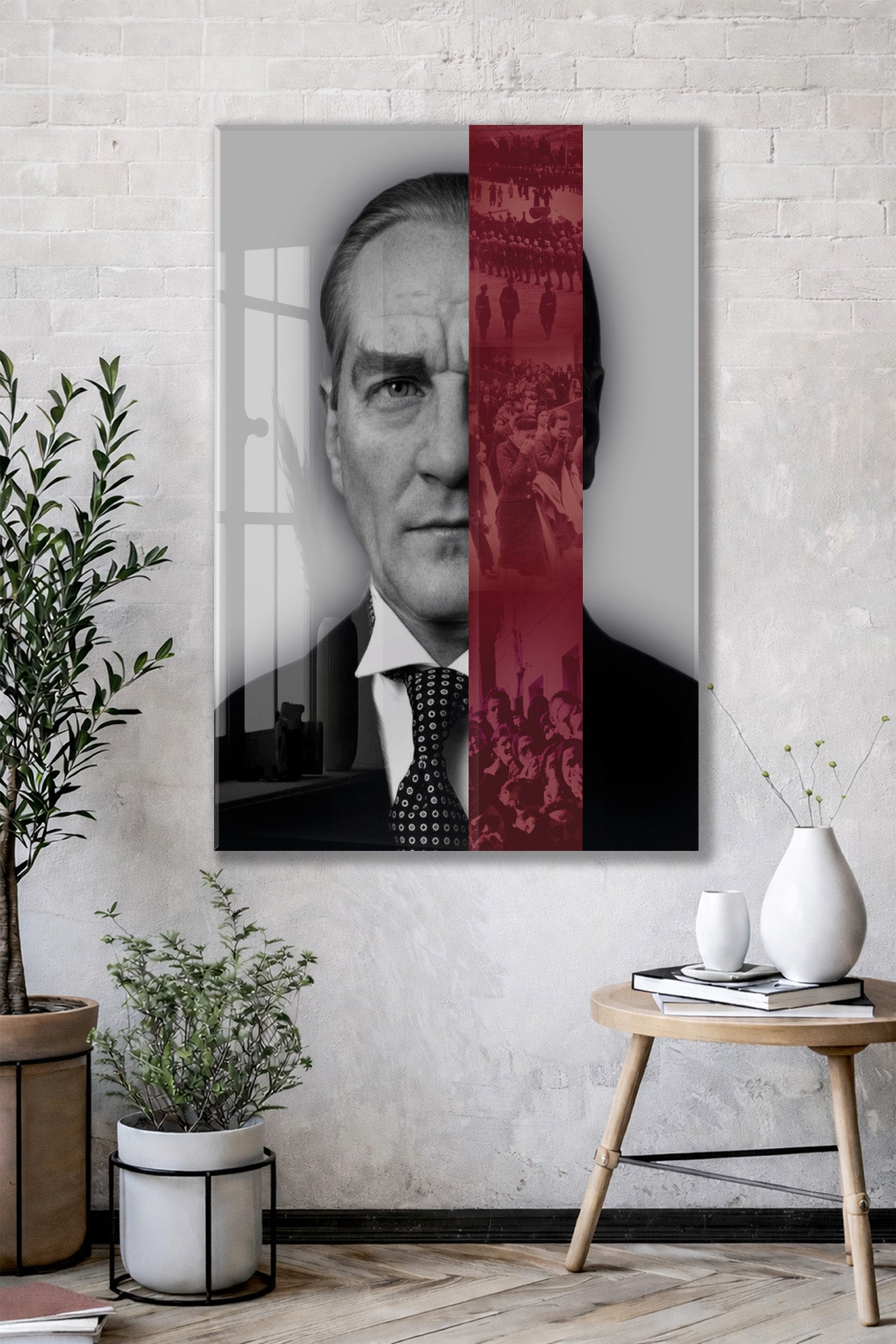 Atatürk Cam Tablo – Lider ve Millet Temalı, Kırmızı Şerit Detaylı 4 mm Temperli Cam Duvar Dekoru -PeonyAta1019