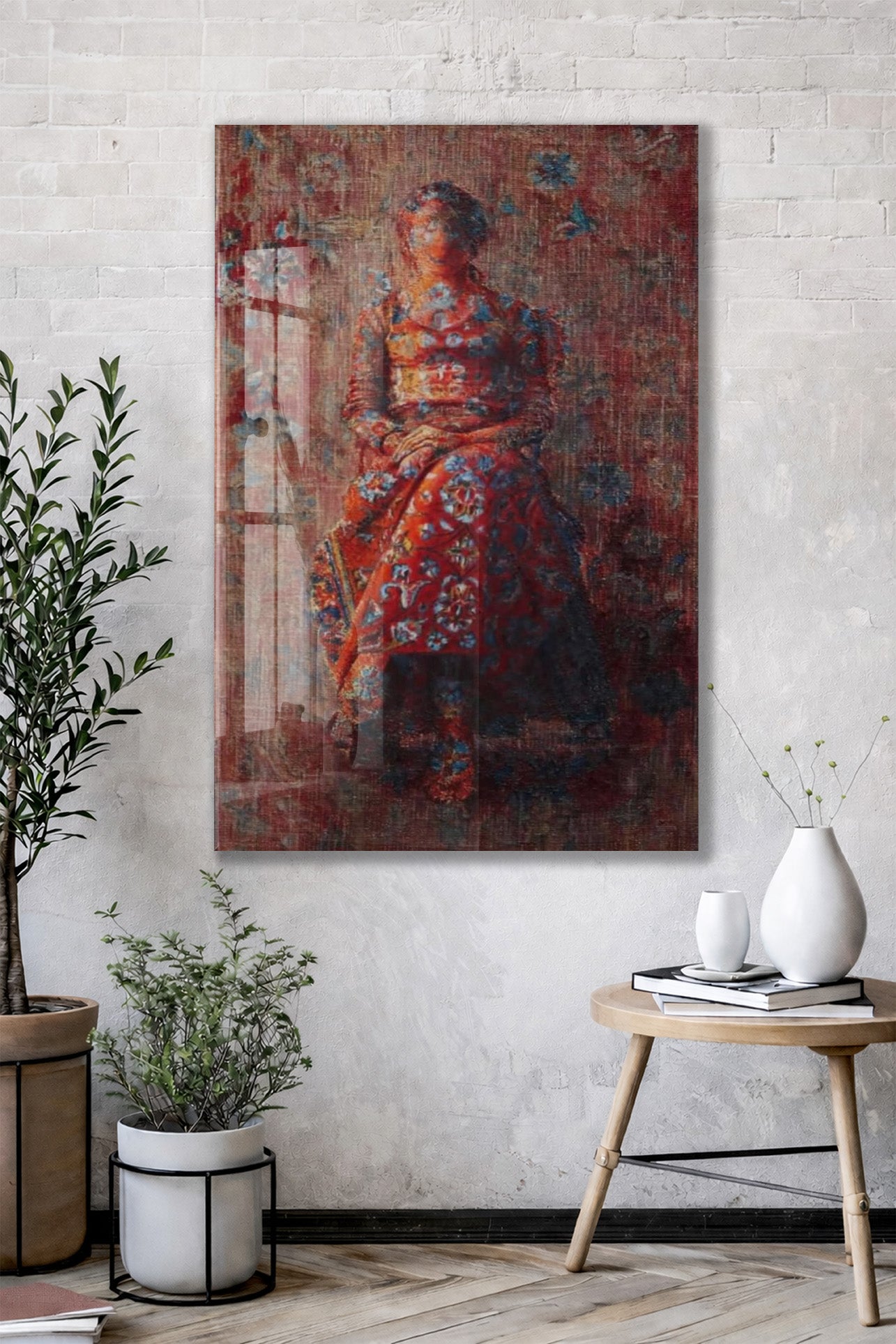 Oryantal Desenli Kırmızı Elbiseli Kadın Figürlü Cam Tablo – Sanatsal ve Vintage Duvar Dekoru - Peony059