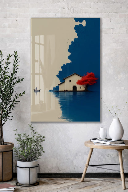 Minimal Göl Evi Manzarası – Kırmızı Ağaçlı Modern Duvar Tablosu - Peony133